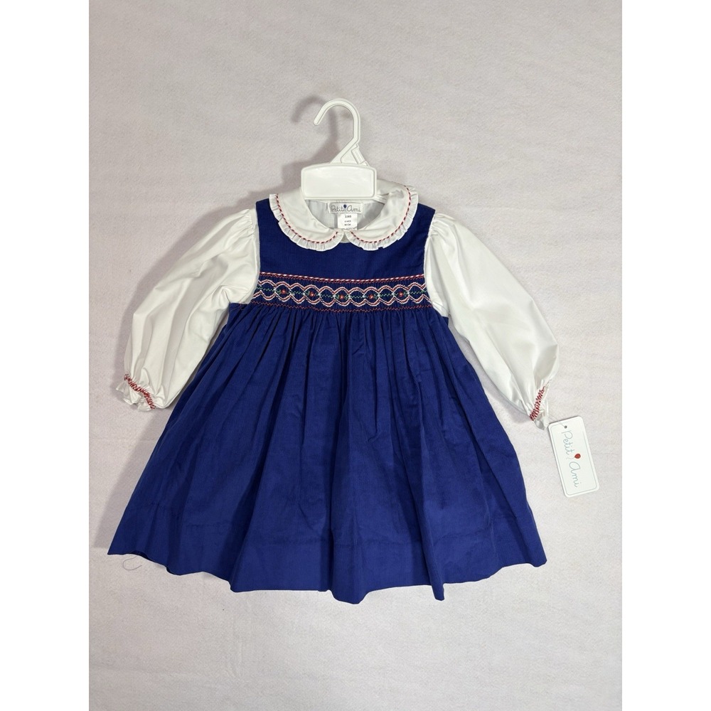 Petit Ami NWT 18M Blue Corduroy Smocked Dress Bloomer Set Holiday Christmas